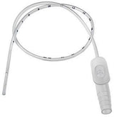 Sterile medical feeding tube with measurement markings on white background