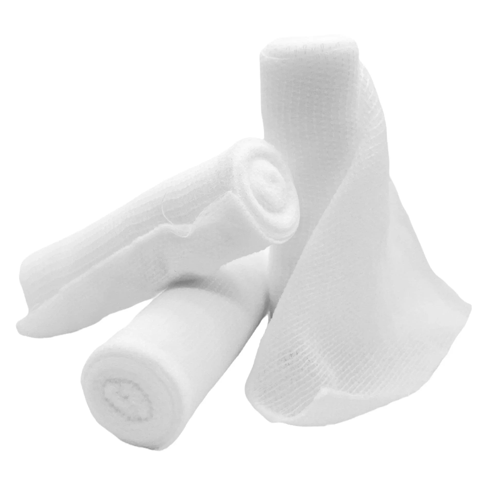 Sterile white medical gauze rolls for wound care on a plain white background