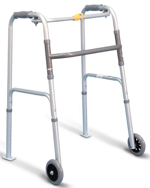 Lightweight folding walker with wheels for mobility assistance, silver frame, ergonomic grips
