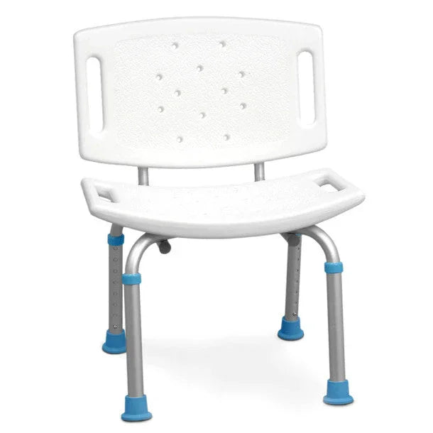 Adjustable shower chair with backrest, white seat and blue rubber tips, for bathroom safety