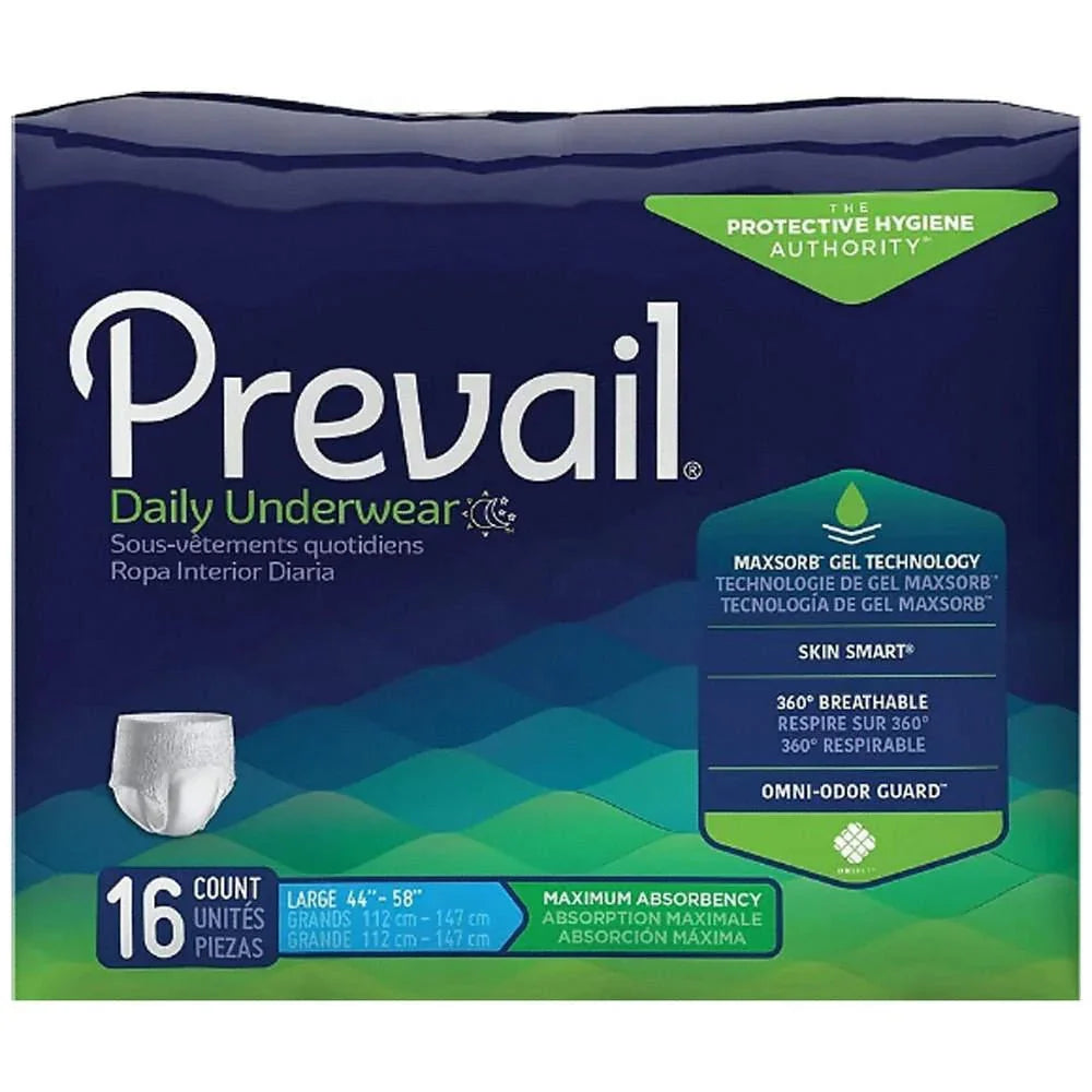 Prevail Daily Underwear large 16 count pack, adult incontinence briefs, maximum absorbency.