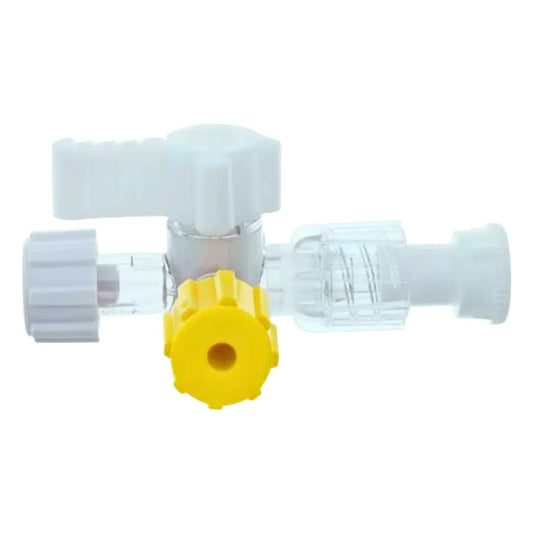 IV infusion stopcock with yellow valve and clear connectors for medical use