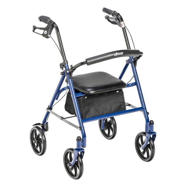 Blue four-wheel rollator walker with seat, padded backrest, and storage pouch for mobility support