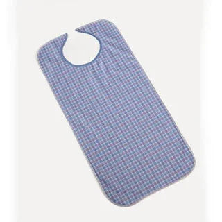 Adult plaid clothing protector bib for home care, washable, blue and red checkered pattern