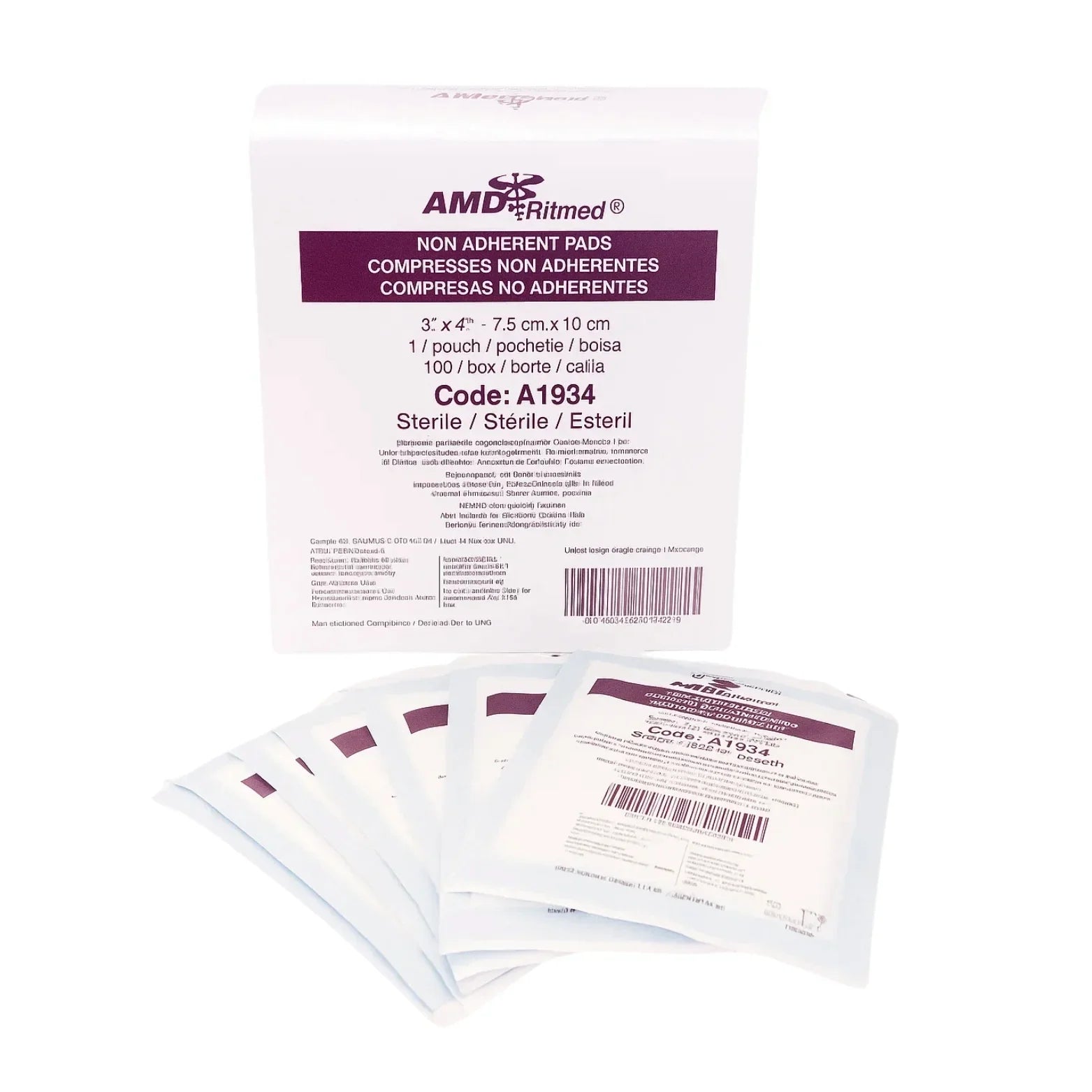 Sterile non-adherent pads 3x4 inch, medical wound dressings in individual pouches, box of 100.