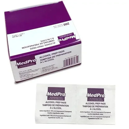 MedPro alcohol prep pads box with two individually wrapped antiseptic wipes shown