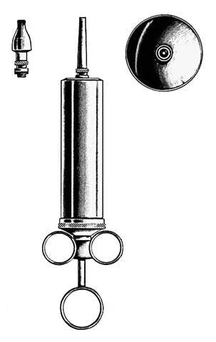 Black and white illustration of a medical syringe with multiple angles shown, used for healthcare applications.