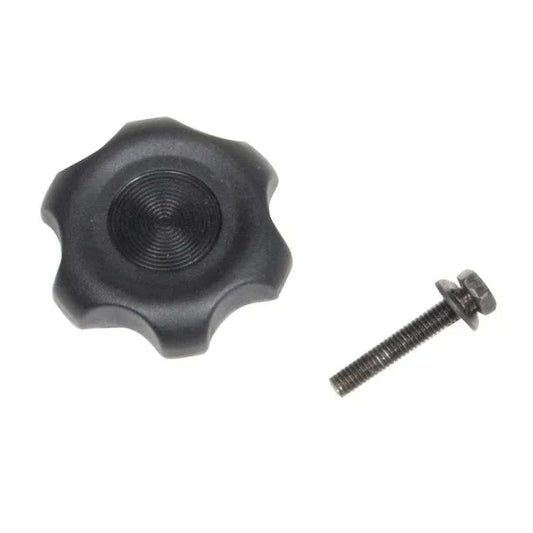 Black star knob with textured grip and metal screw for mobility aid or medical equipment
