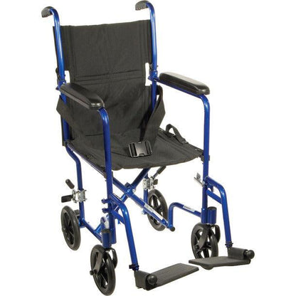 Lightweight blue transport wheelchair with seat belt and footrests for home care mobility