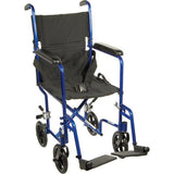 Lightweight blue transport wheelchair with safety belt and footrests for mobility aid