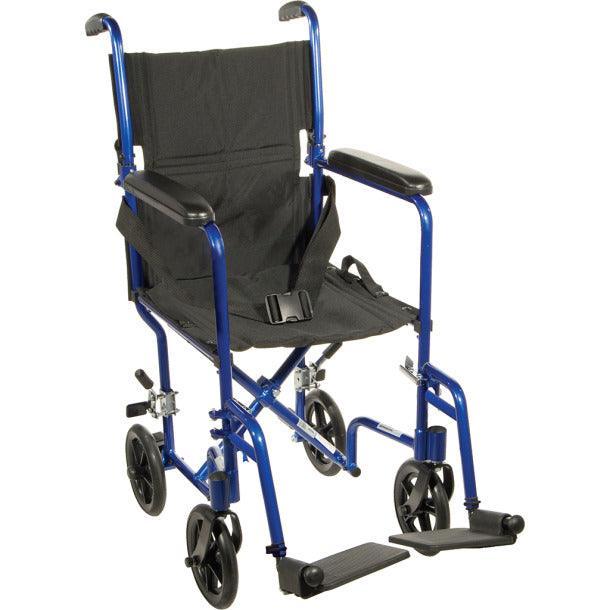 Lightweight blue transport wheelchair with footrests and seatbelt for mobility support