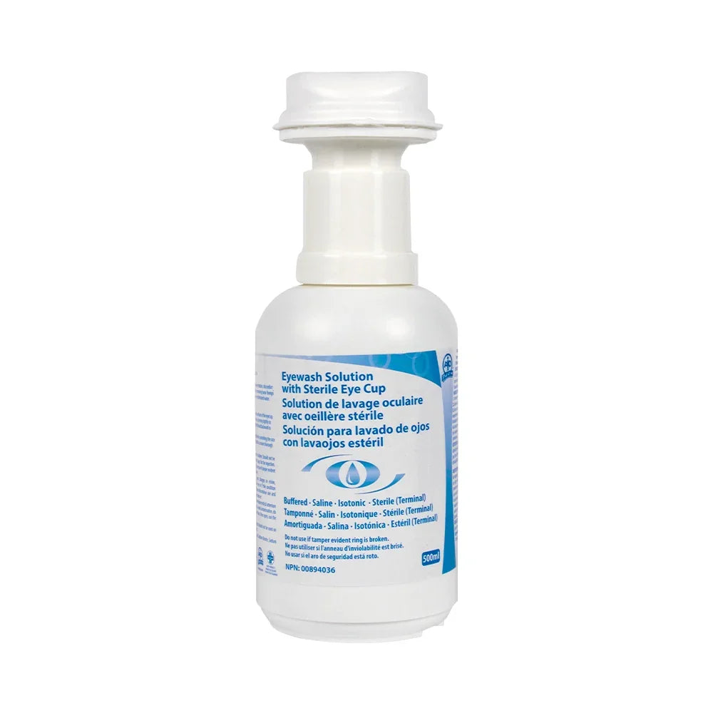 Sterile saline eyewash solution bottle with attached eye cup for emergency eye care