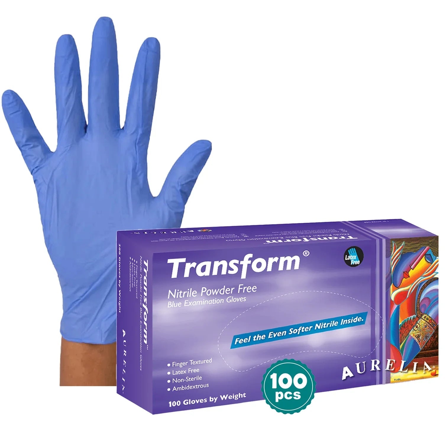 Blue nitrile powder free medical gloves, one glove shown, with box of 100 examination gloves
