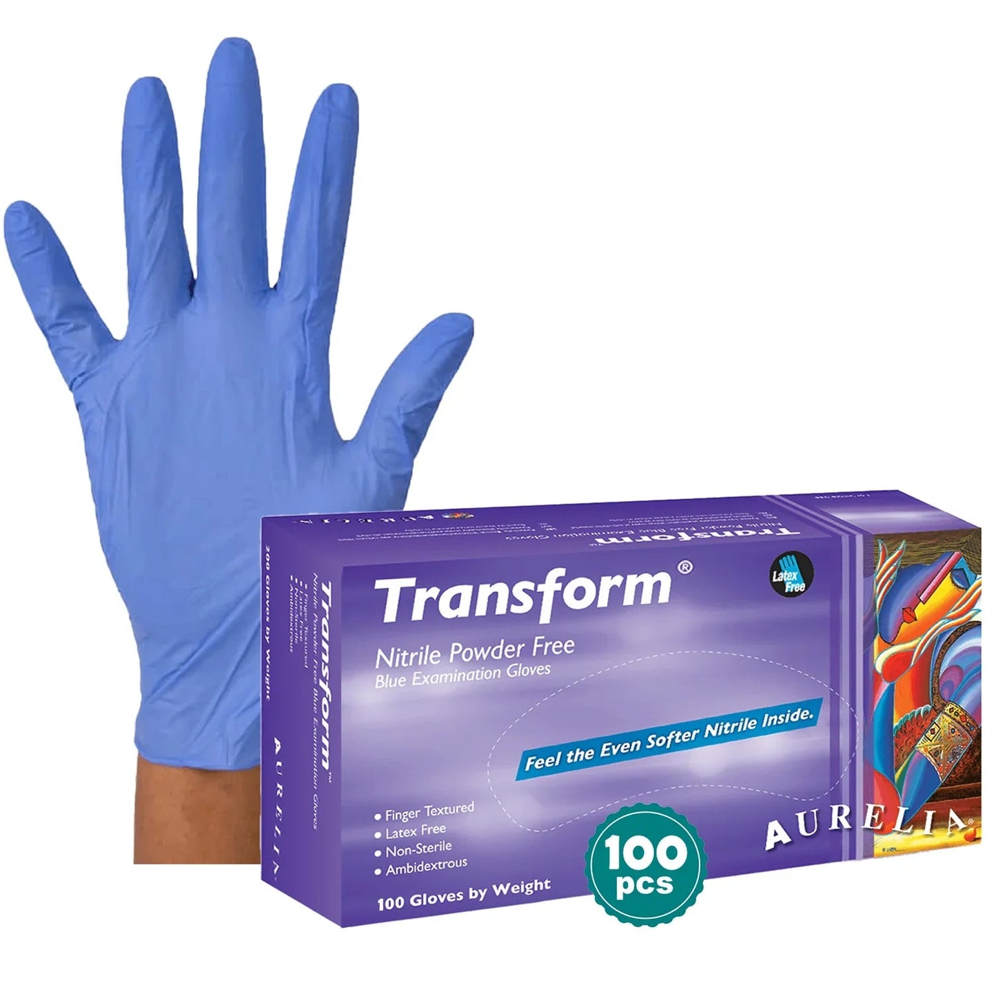 Blue nitrile powder-free examination glove and box of 100 disposable gloves