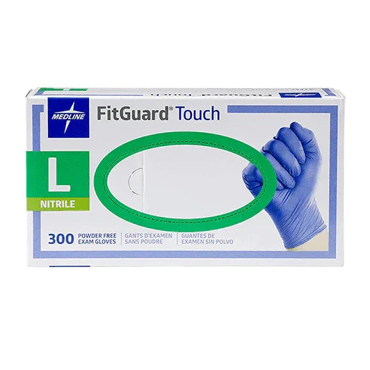 Box of Medline FitGuard Touch large nitrile powder free exam gloves, 300 count