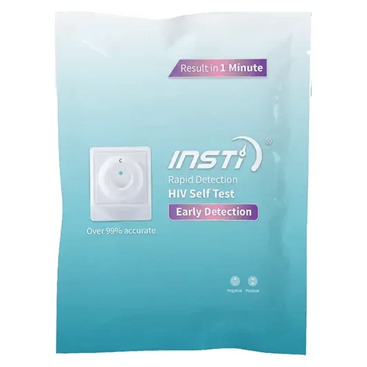 INSTI rapid HIV self test kit for early detection, blue packaging, results in 1 minute.