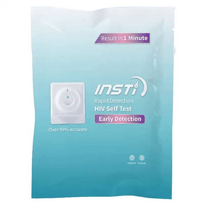 Insti rapid HIV self test kit packaging, early detection, result in 1 minute, blue background.