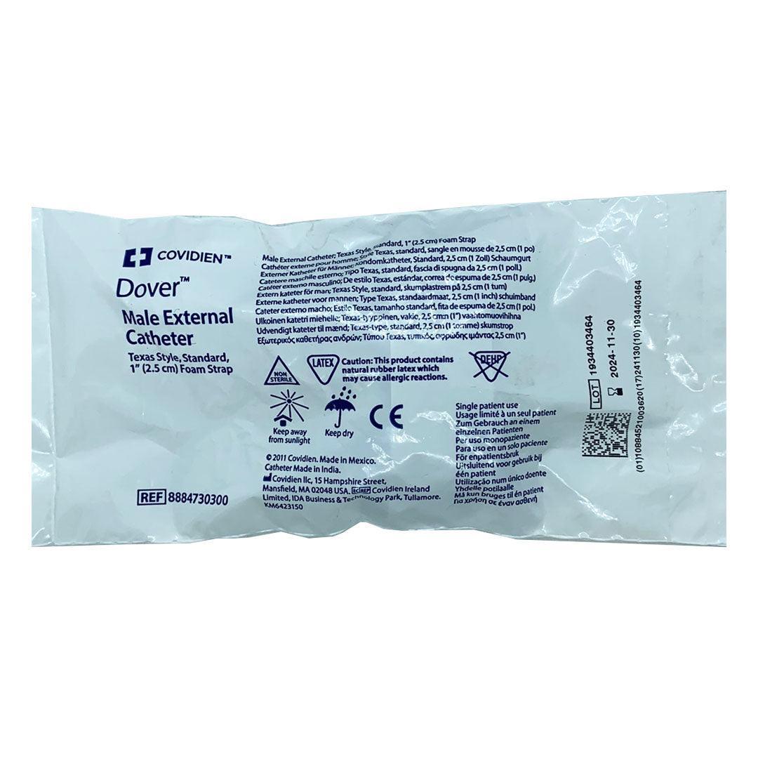 Covidien Dover male external catheter Texas style with 2.5 cm foam strap in sealed packaging