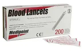Box of Medipoint blood lancets for medical use with individual lancets shown