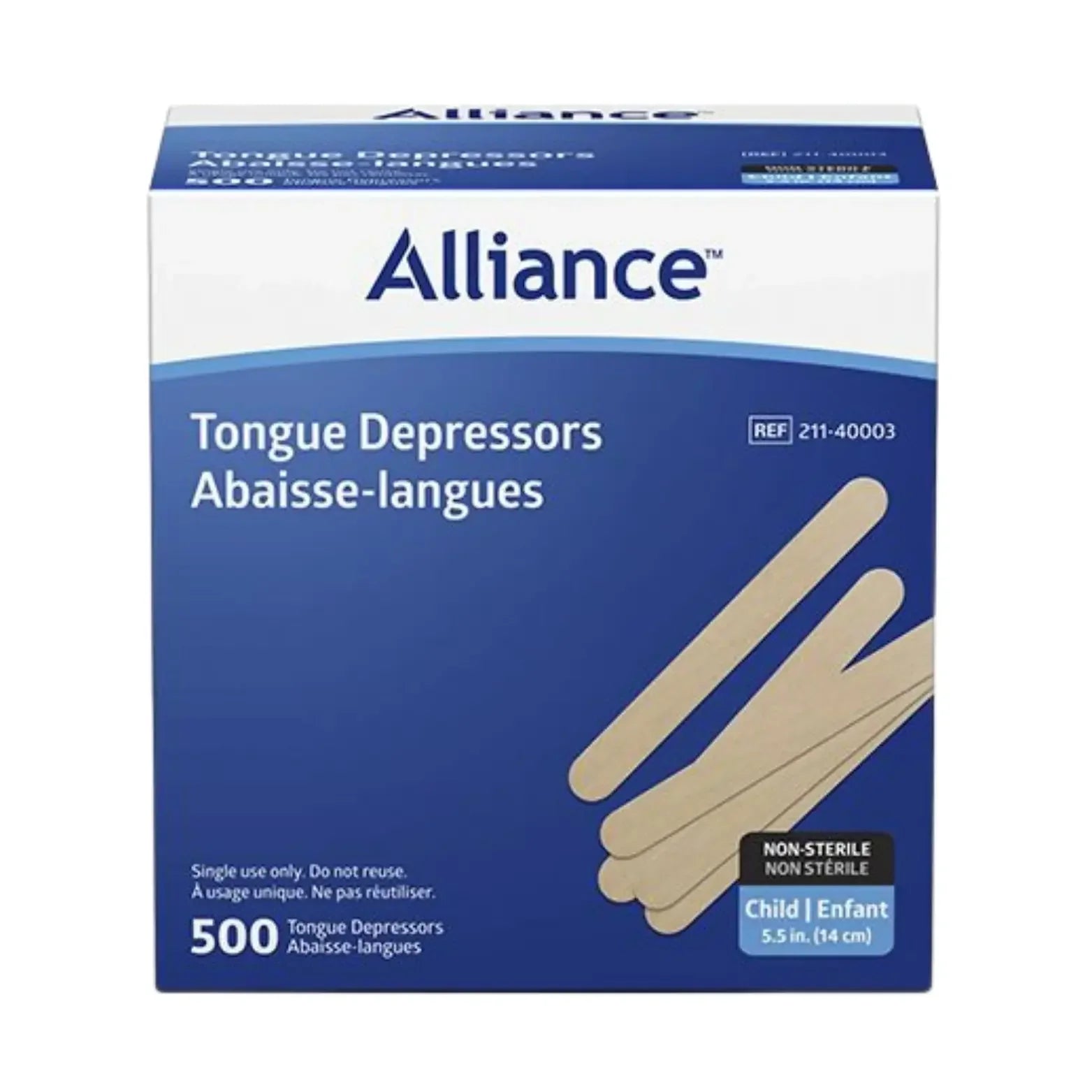 Box of Alliance child tongue depressors, non-sterile, 5.5 inch, 500 count, medical supplies.