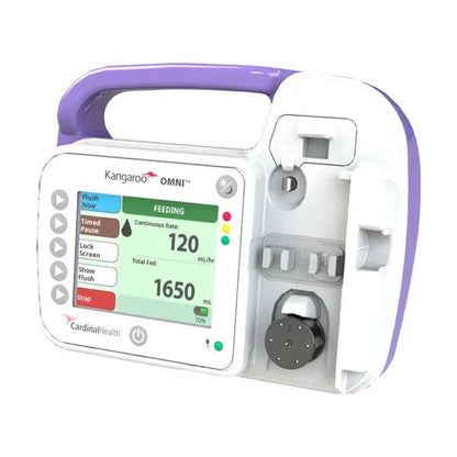 Kangaroo OMNI enteral feeding pump with display screen and purple handle, medical equipment