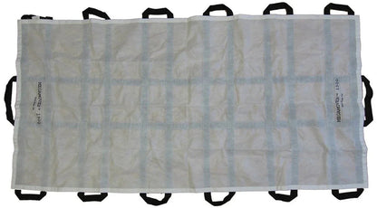 White medical patient transport sheet with black handles for emergency and home care mobility