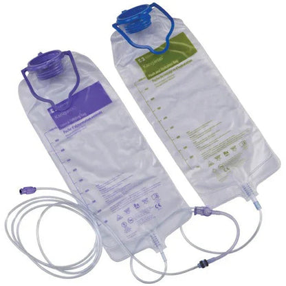Two sterile urinary drainage bags with measurement markings and attached tubes