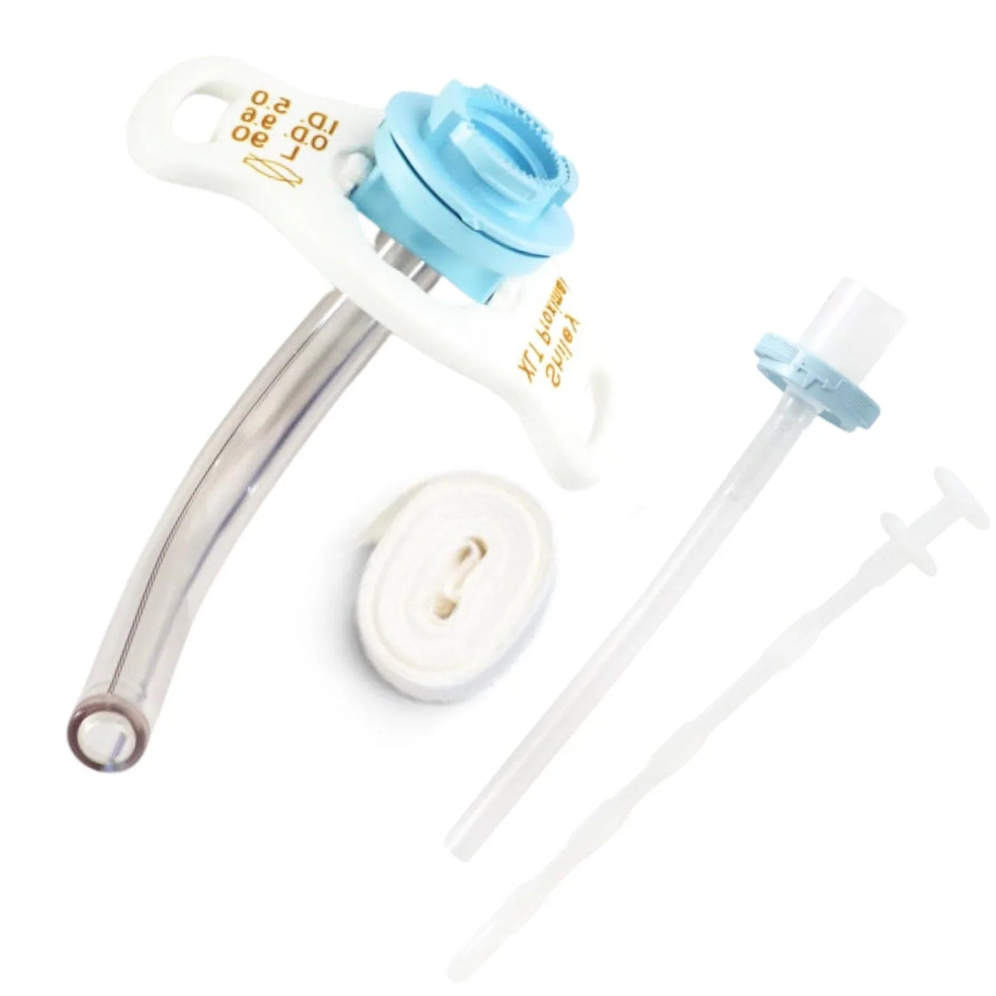 Disposable tracheostomy tube set with curved cannula, neck strap, and suction catheter