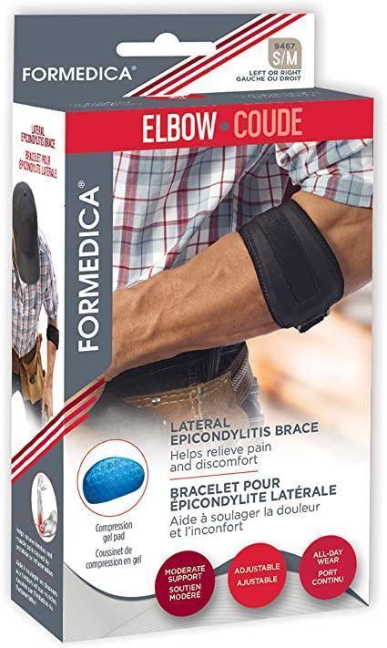 Elbow lateral epicondylitis brace packaging showing adjustable black support worn on arm