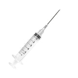 Disposable medical syringe with needle, clear barrel, and volume markings on white background