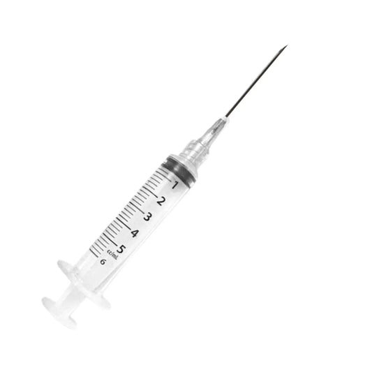 Disposable medical syringe with needle, clear barrel, and volume markings on white background