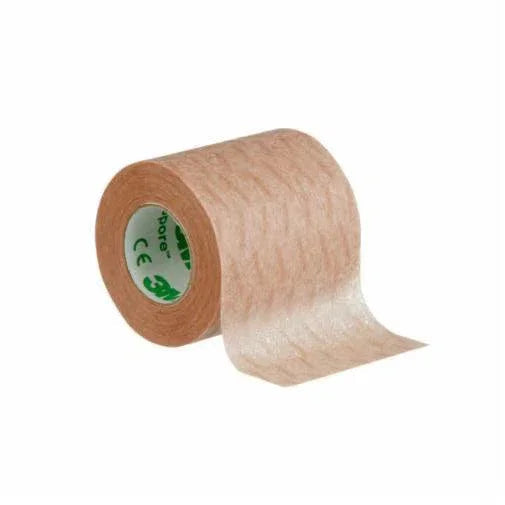 Medical adhesive tape roll, breathable and transparent, unrolled on a white background