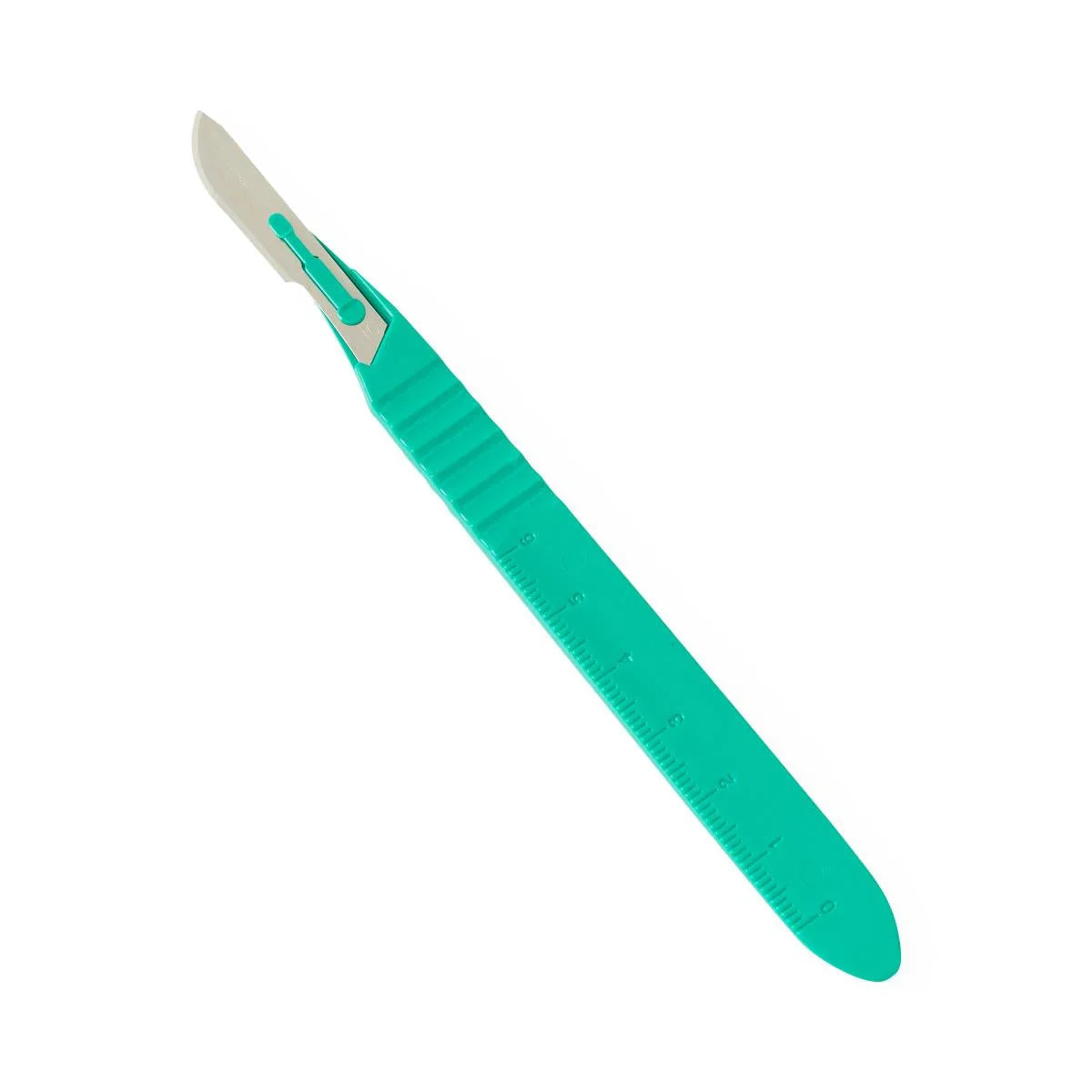 Disposable medical scalpel with green plastic handle and stainless steel blade