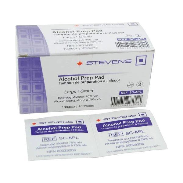 Box of Stevens alcohol prep pads with individual isopropyl alcohol wipes displayed