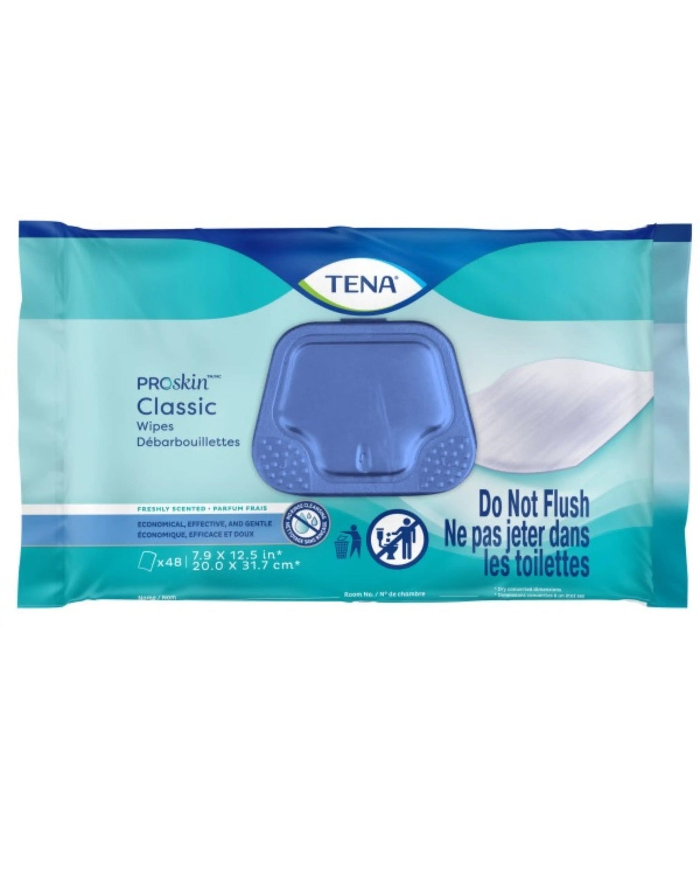 TENA ProSkin Classic adult wipes pack, blue resealable lid, do not flush warning.