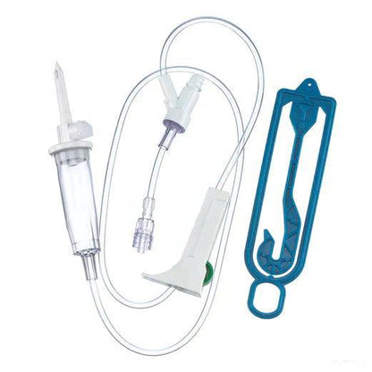 Sterile IV infusion set with clear tubing, drip chamber, spike, and blue flow regulator