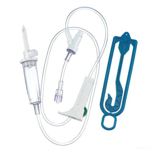 IV infusion set with tubing, drip chamber, and flow regulator for medical use