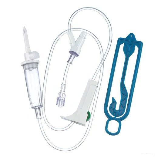 Sterile IV infusion set with tubing, needle, drip chamber, and blue packaging on white background.
