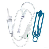 IV infusion set with clear tubing, flow regulator, and blue sterile packaging on white background