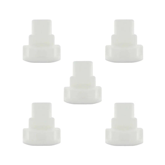 Five white plastic oxygen tubing connectors for medical respiratory supplies