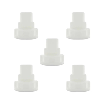 Five white medical oxygen tubing connectors on a white background