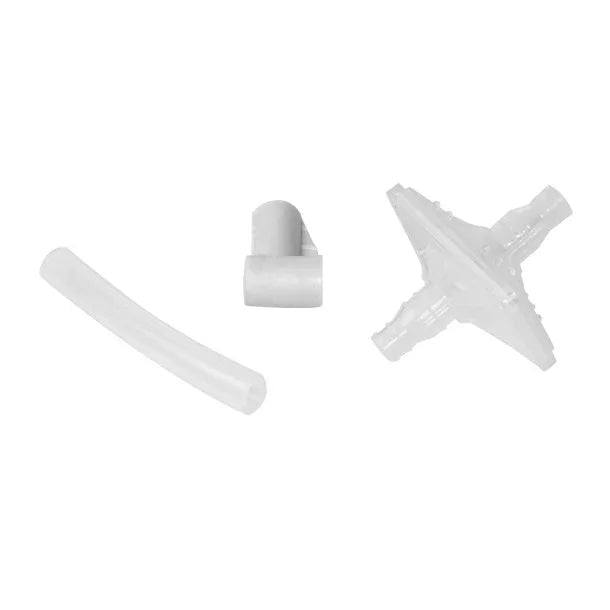 Medical oxygen supply accessories set with tube, elbow, and bacterial filter on white background