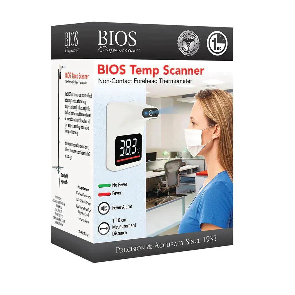 BIOS Temp Scanner non-contact forehead thermometer box with woman using device in office.