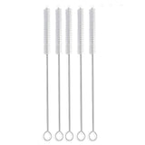 Set of five stainless steel tube cleaning brushes with loop handles on white background
