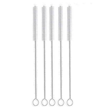 Set of five stainless steel tube cleaning brushes with loop handles on white background