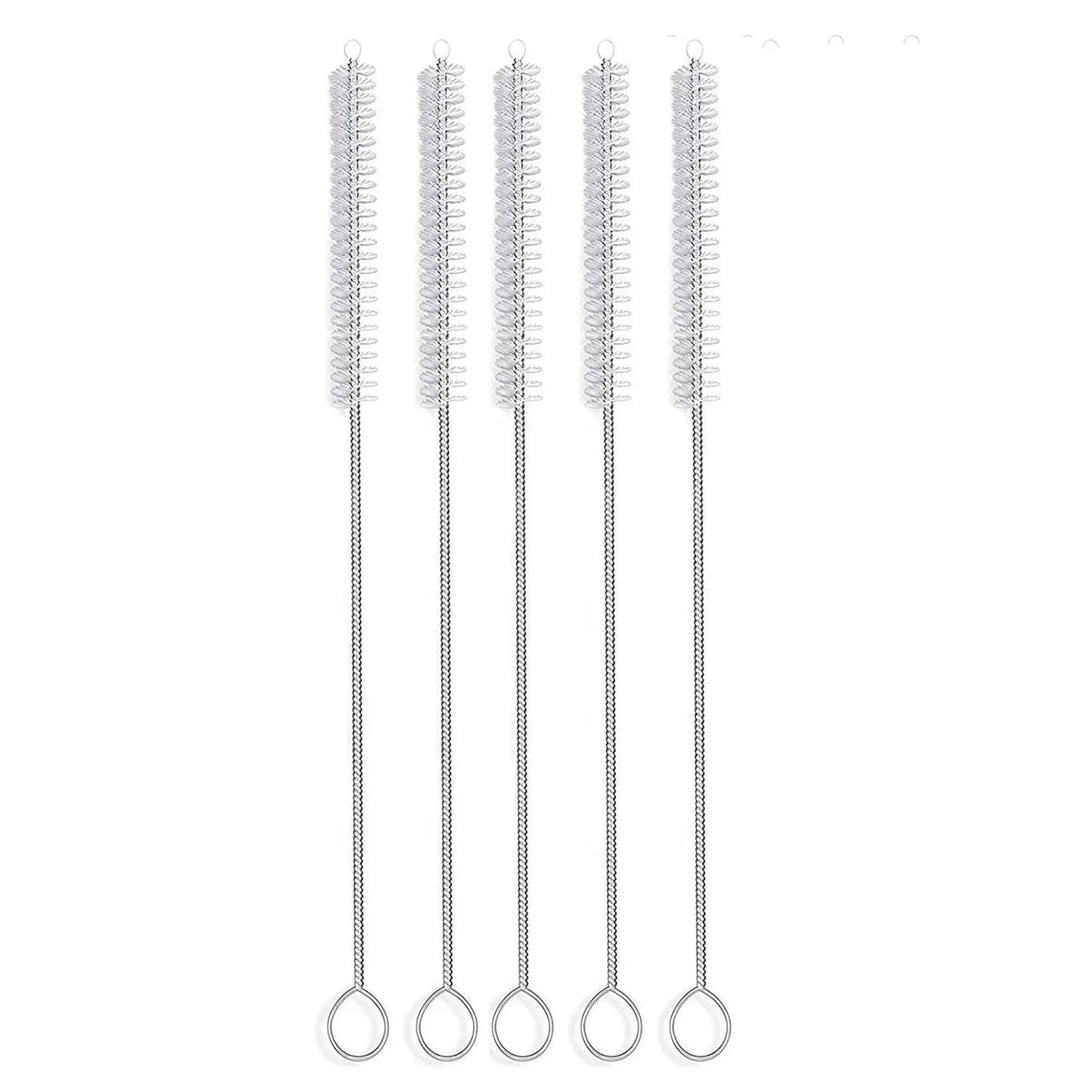 Set of five long stainless steel tube cleaning brushes with looped handles on white background
