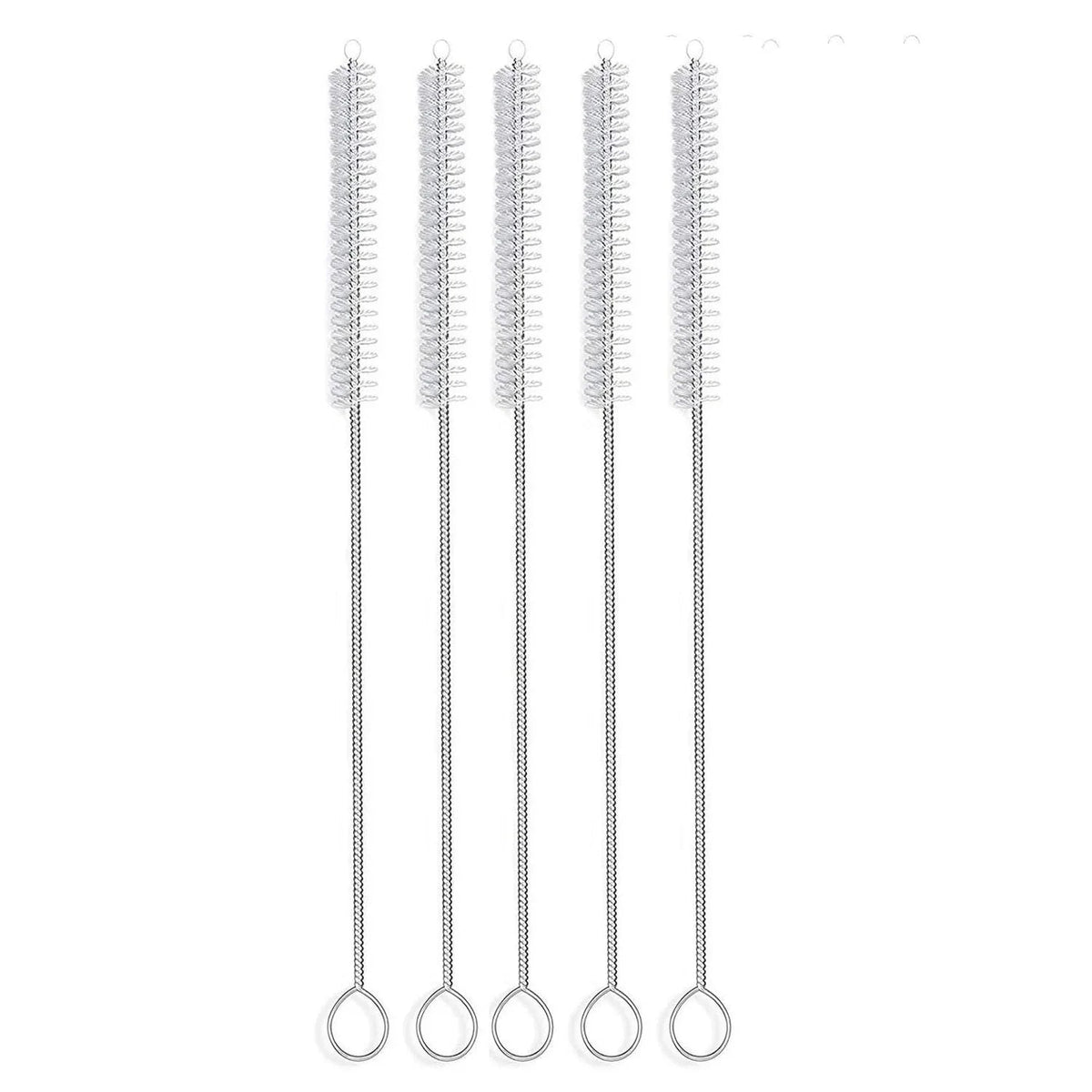 Set of five long stainless steel tube cleaning brushes with looped handles on white background