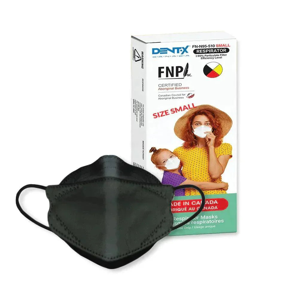 Small black FN-N95 respirator mask and retail box showing adult and child wearing masks