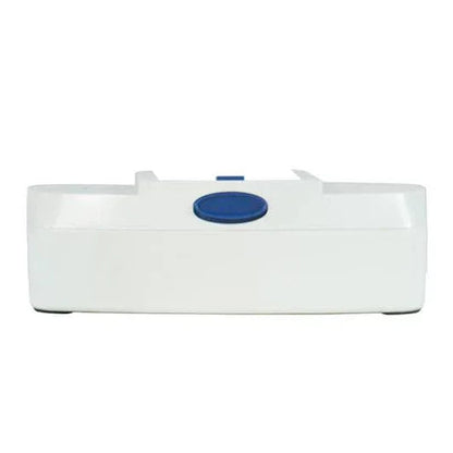 White medical wipe dispenser box with blue button on plain background