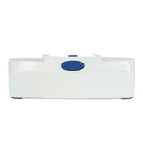 White plastic medical device or container with blue button on a plain background